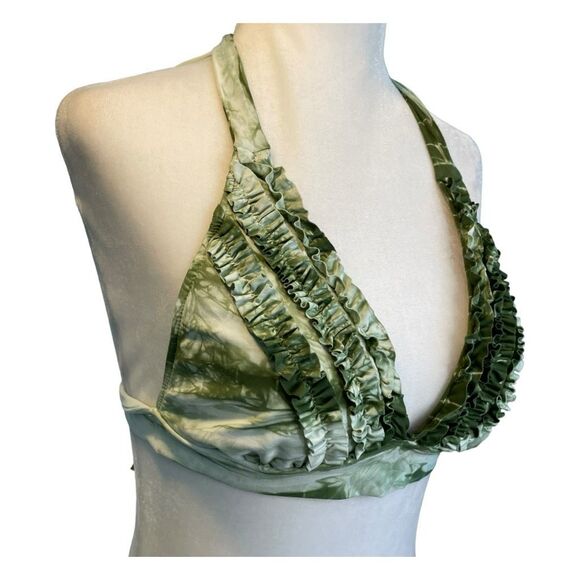 Lucky Brand Ruffle Triangle Bikini Top Olive Green White Tie Dye Swimsuit S - Picture 2 of 4